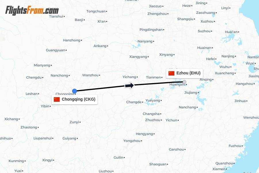 Flights from Chongqing to Ezhou route map