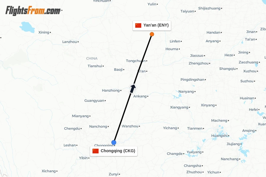 Flights from Chongqing to Yan'an route map