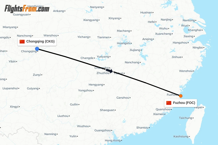 Flights from Chongqing to Fuzhou route map