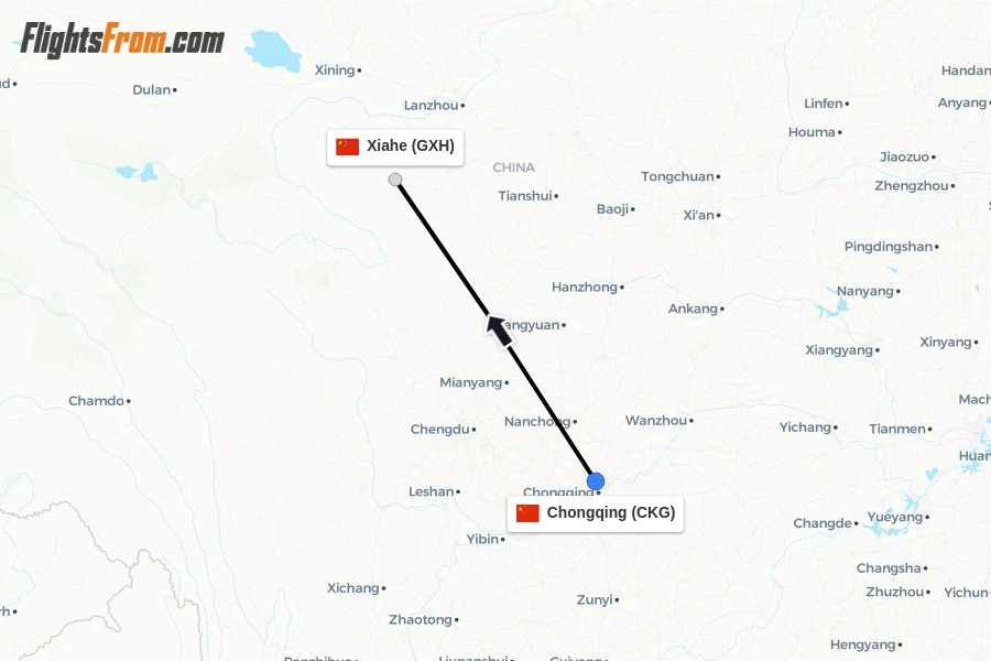 Flights from Chongqing to Xiahe route map