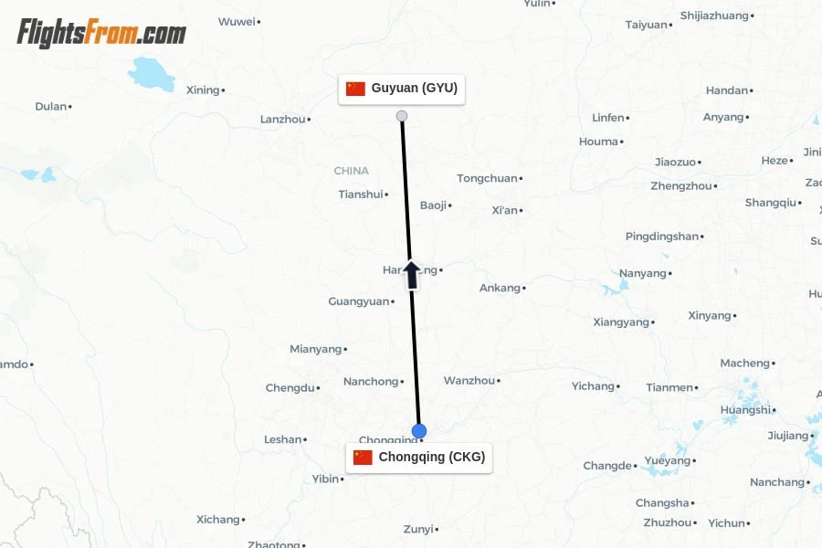 Flights from Chongqing to Guyuan route map