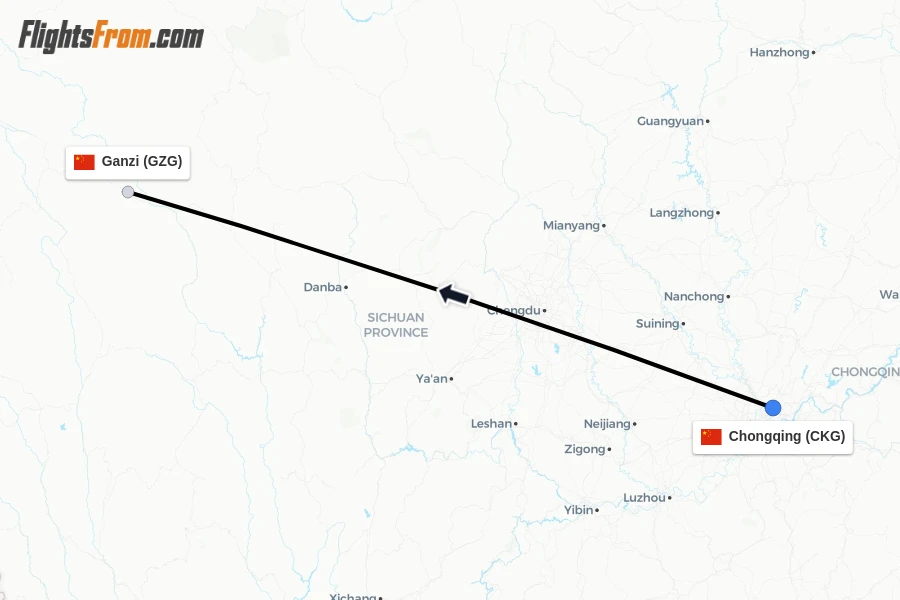 Flights from Chongqing to Ganzi route map