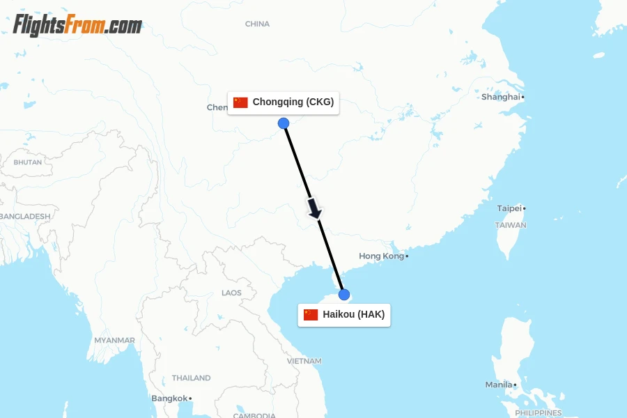 Flights from Chongqing to Haikou route map