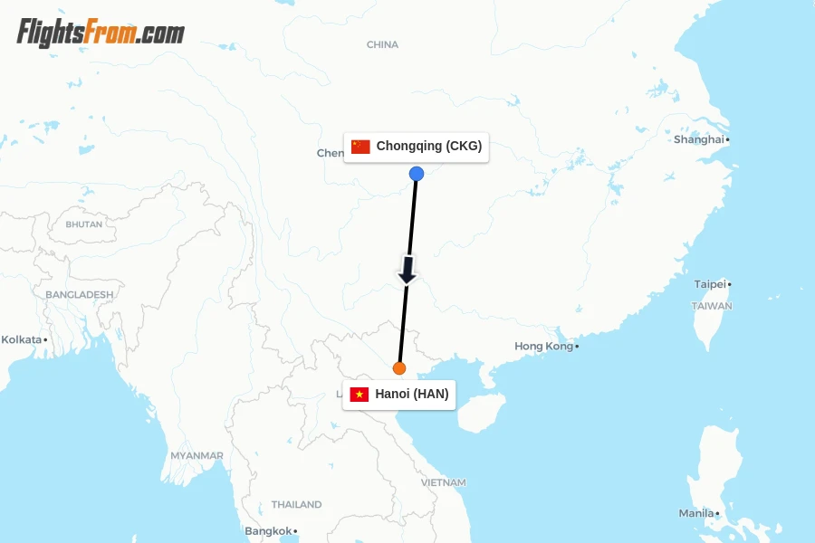 Flights from Chongqing to Hanoi route map