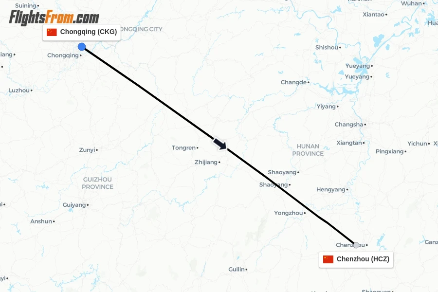 Flights from Chongqing to Chenzhou route map