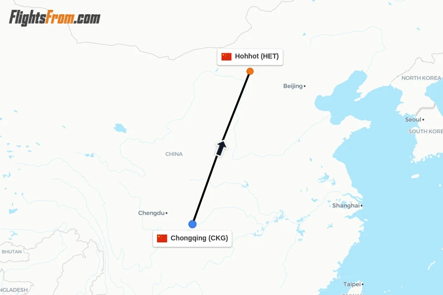 Flights from Chongqing to Hohhot route map