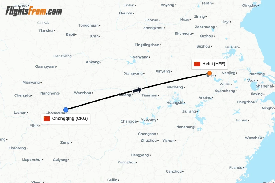 Flights from Chongqing to Hefei route map