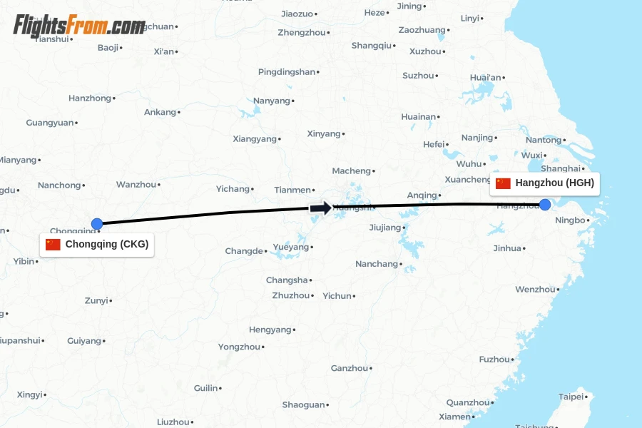Flights from Chongqing to Hangzhou route map