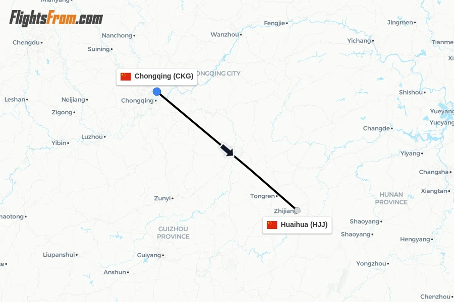 Flights from Chongqing to Huaihua route map