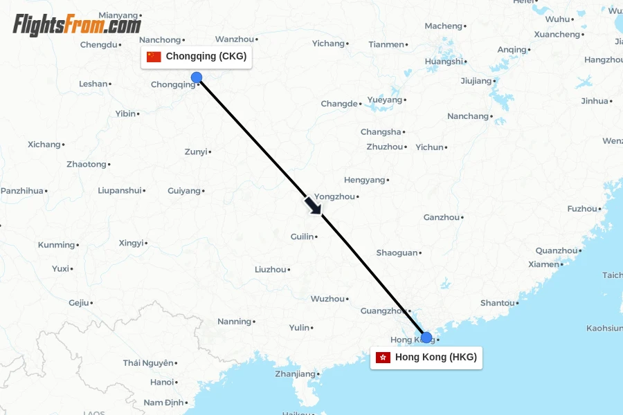 Flights from Chongqing to Hong Kong route map