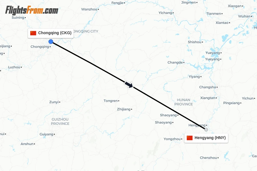 Flights from Chongqing to Hengyang route map