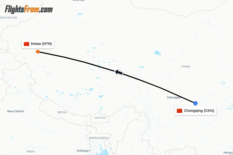 Flights from Chongqing to Hotan route map