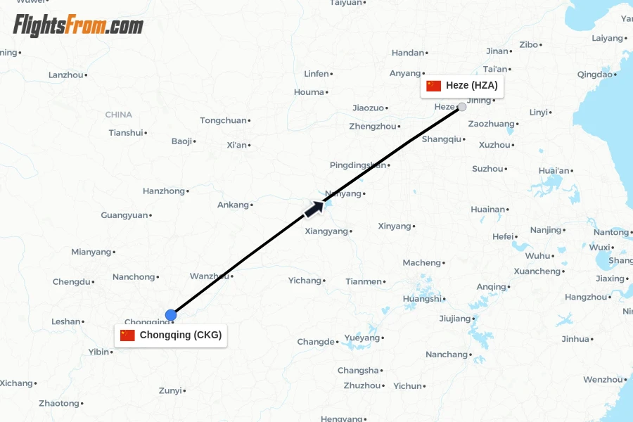 Flights from Chongqing to Heze route map