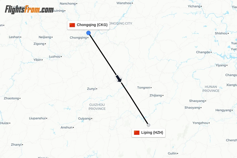 Flights from Chongqing to Liping route map