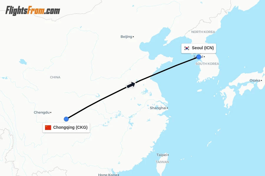 Flights from Chongqing to Seoul route map