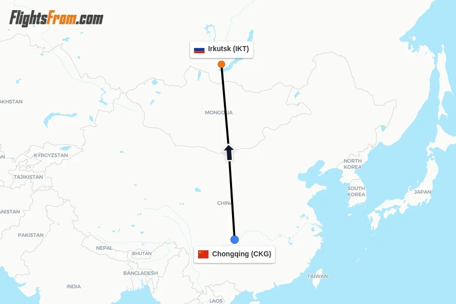 Flights from Chongqing to Irkutsk route map