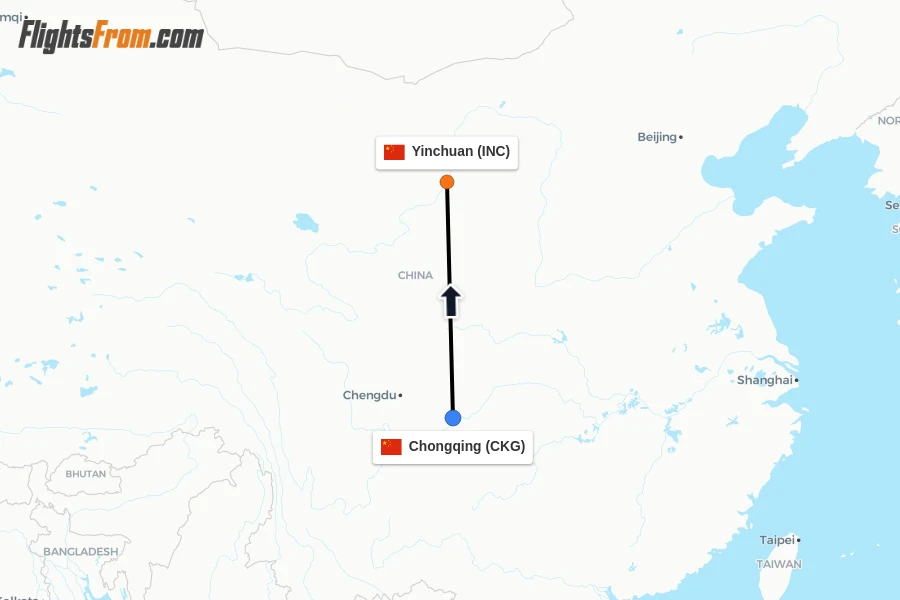 Flights from Chongqing to Yinchuan route map