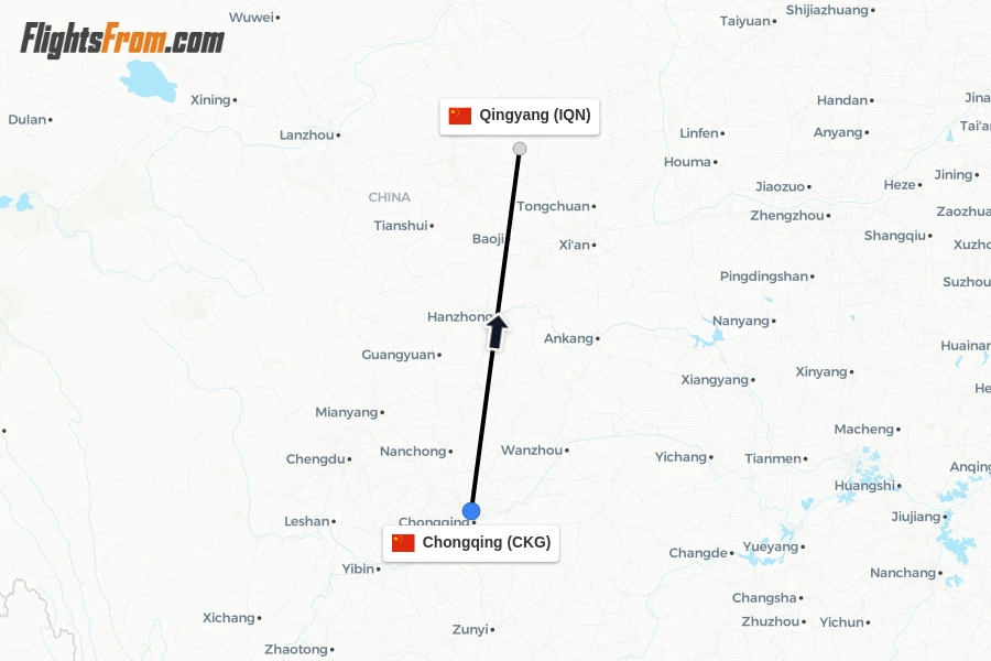 Flights from Chongqing to Qingyang route map