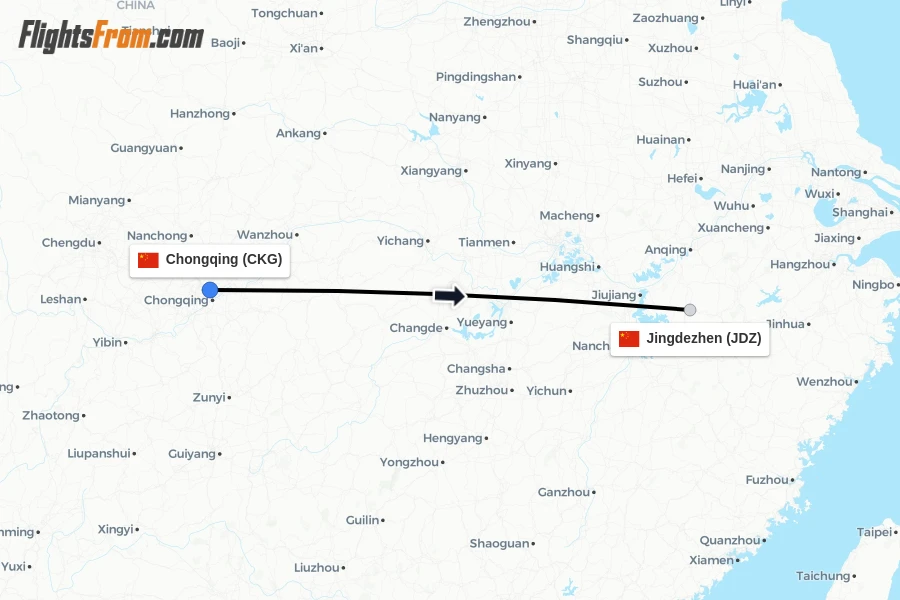 Flights from Chongqing to Jingdezhen route map