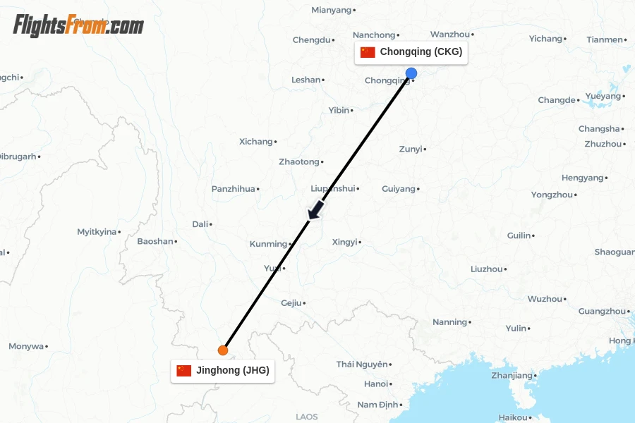 Flights from Chongqing to Jinghong route map