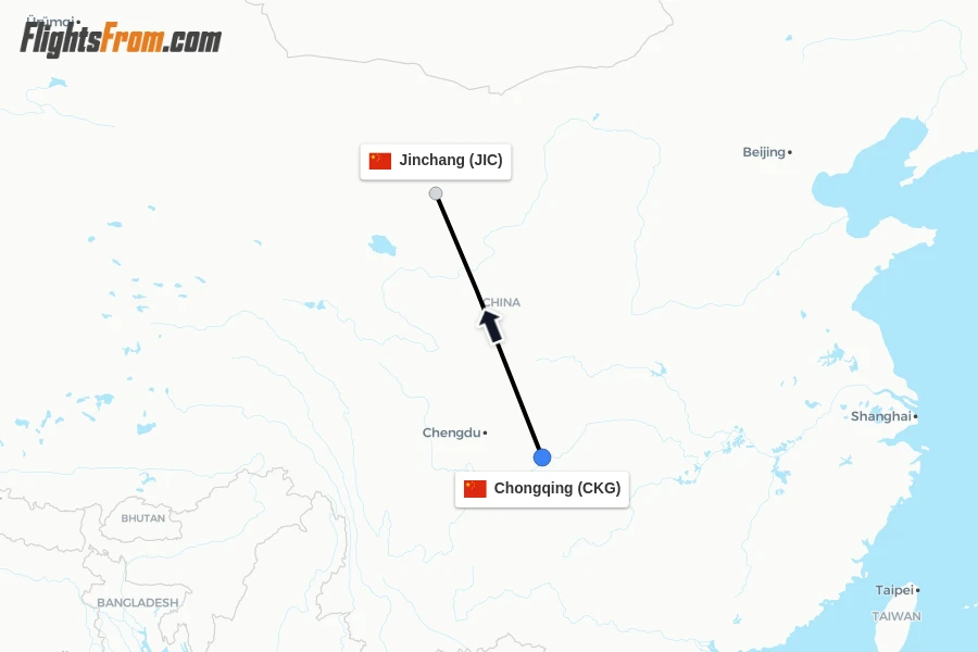 Flights from Chongqing to Jinchang route map