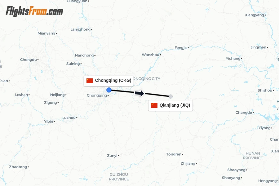 Flights from Chongqing to Qianjiang route map