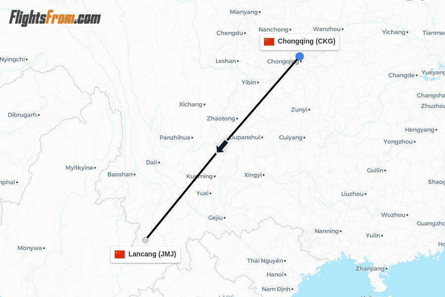 Flights from Chongqing to Lancang route map