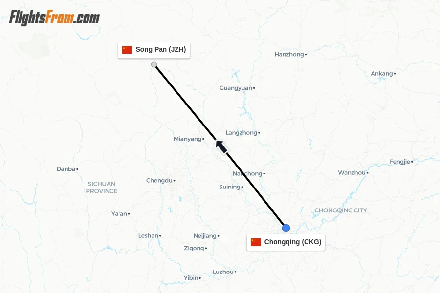 Flights from Chongqing to Song Pan route map