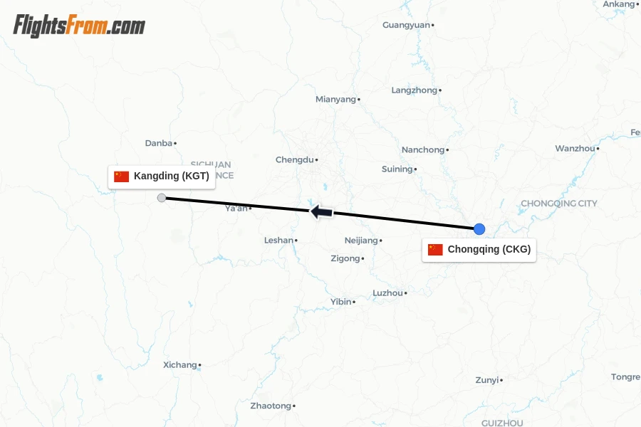 Flights from Chongqing to Kangding route map