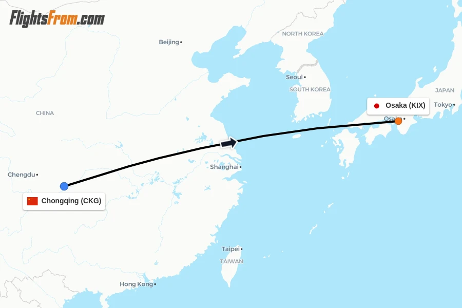 Flights from Chongqing to Osaka route map