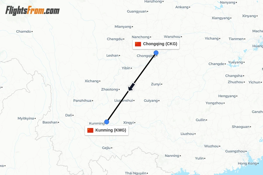 Flights from Chongqing to Kunming route map