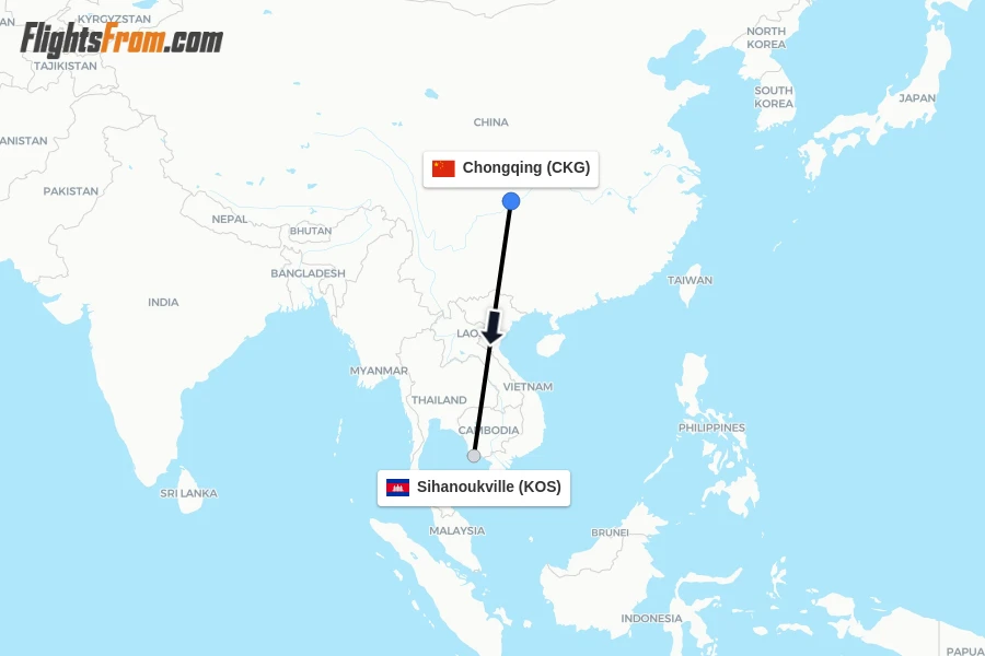 Flights from Chongqing to Sihanoukville route map