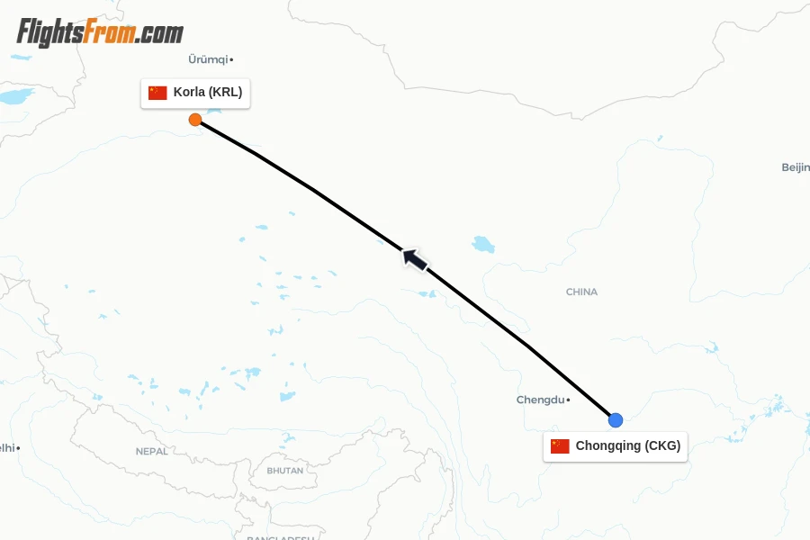 Flights from Chongqing to Korla route map