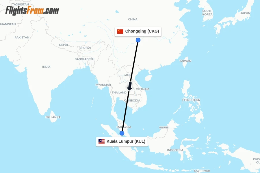 Flights from Chongqing to Kuala Lumpur route map