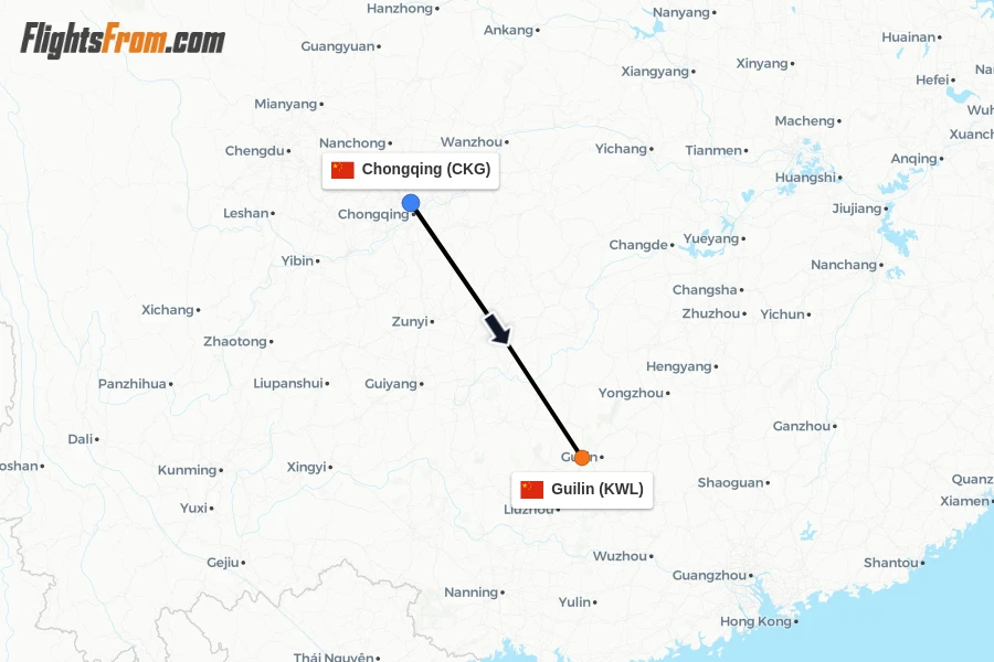 Flights from Chongqing to Guilin route map