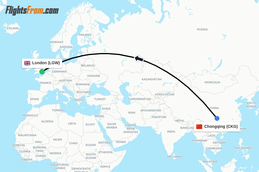 Flights from Chongqing to London route map
