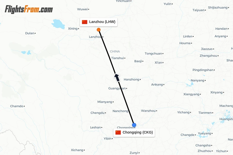 Flights from Chongqing to Lanzhou route map