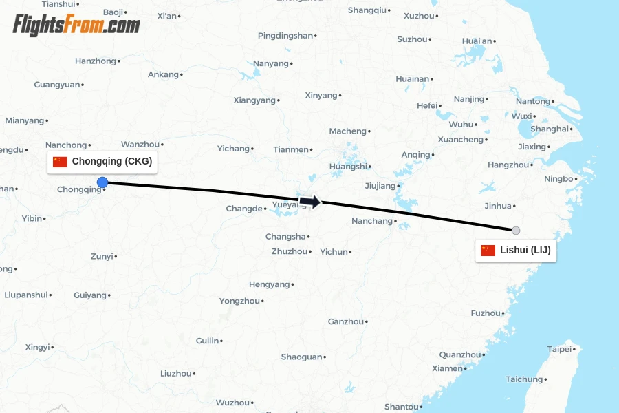 Flights from Chongqing to Lishui route map