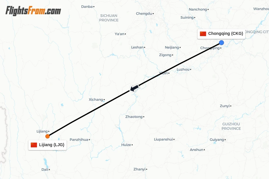 Flights from Chongqing to Lijiang route map