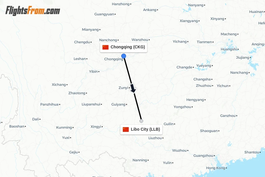 Flights from Chongqing to Libo City route map