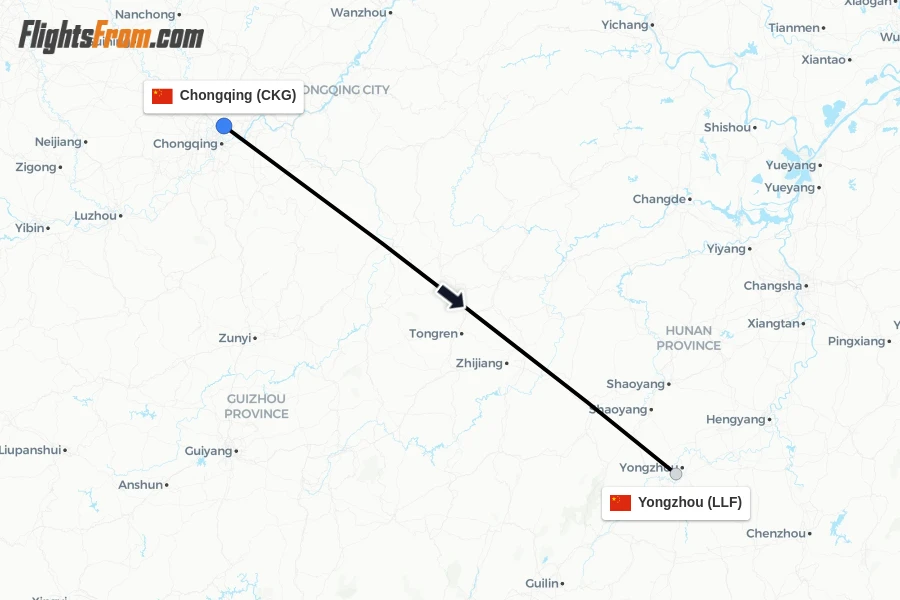 Flights from Chongqing to Yongzhou route map