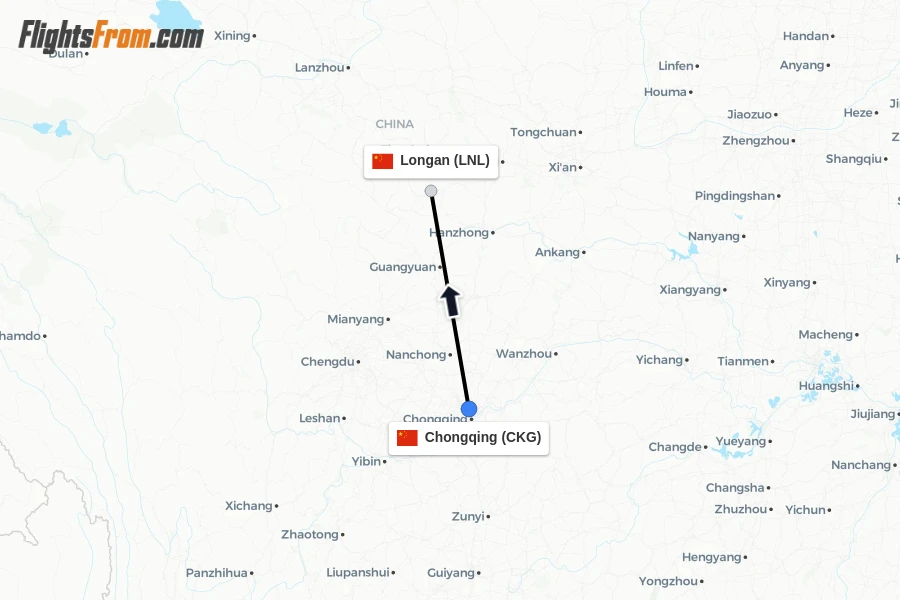 Flights from Chongqing to Longan route map