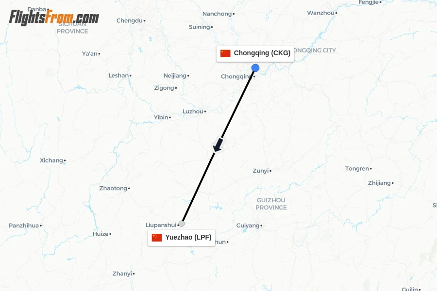 Flights from Chongqing to Yuezhao route map