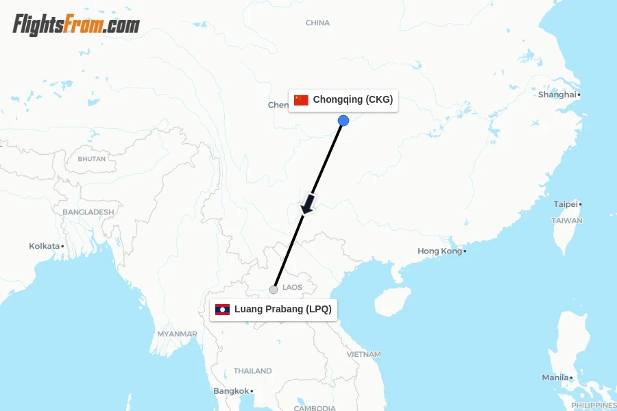 Flights from Chongqing to Luang Prabang route map