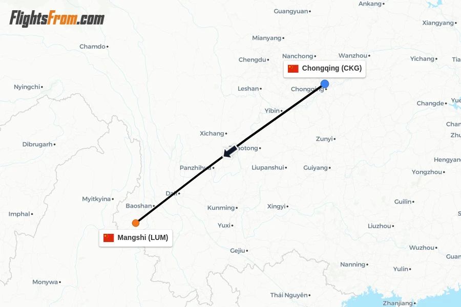 Flights from Chongqing to Mangshi route map