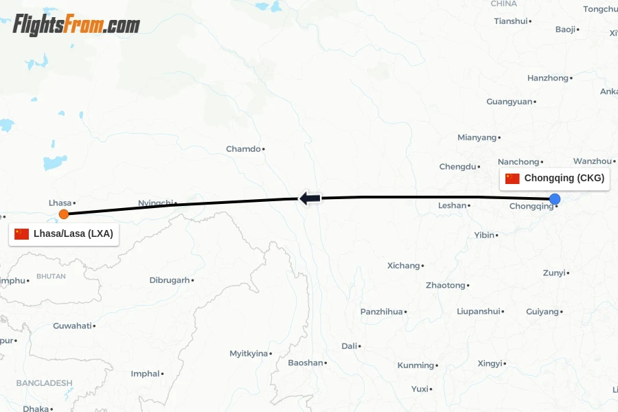 Flights from Chongqing to Lhasa/Lasa route map