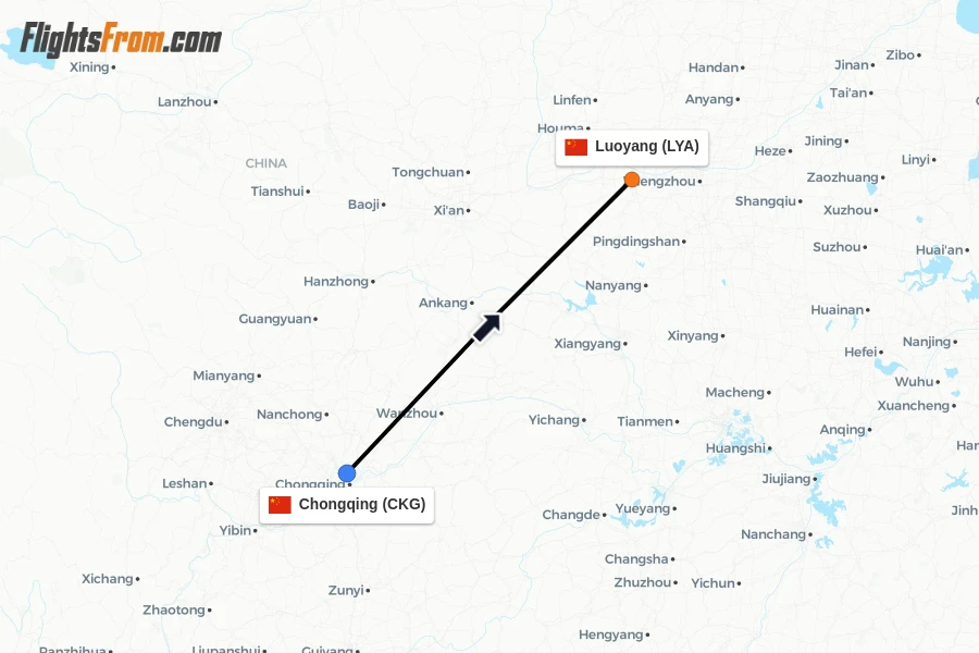 Flights from Chongqing to Luoyang route map