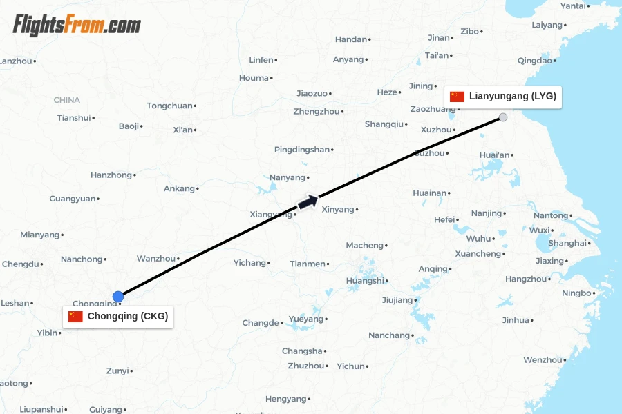Flights from Chongqing to Lianyungang route map