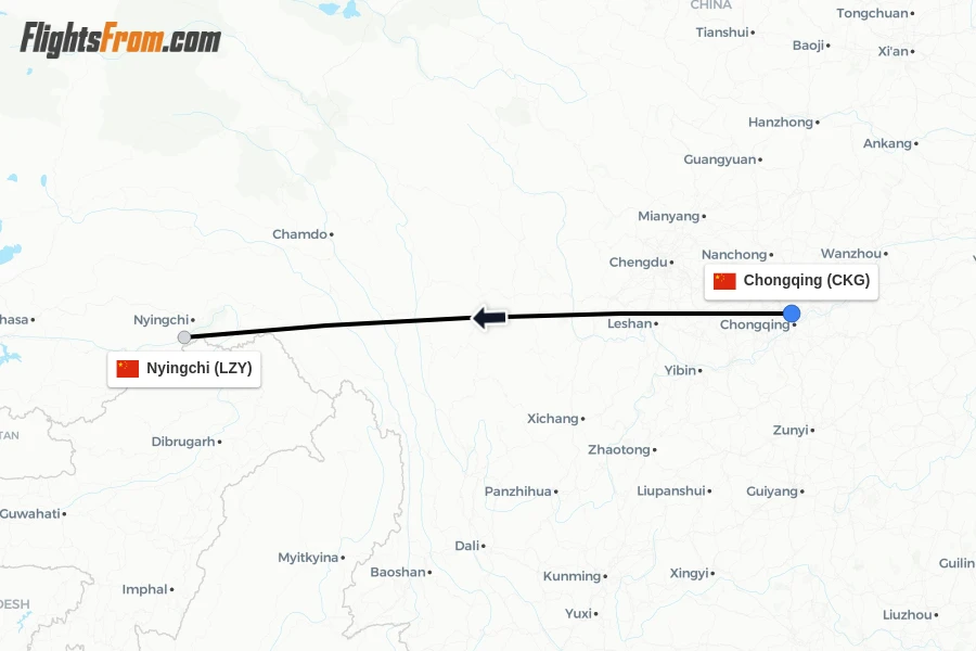 Flights from Chongqing to Nyingchi route map