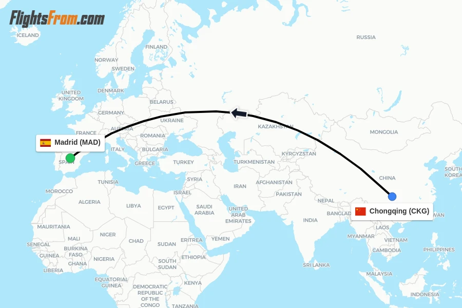 Flights from Chongqing to Madrid route map